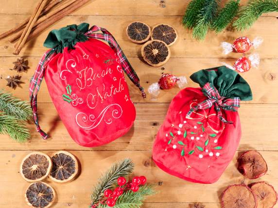 Velvet bag with embroidered Christmas decorations