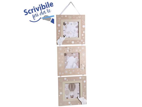 Triple wooden photo frame with elephant decoration to hang