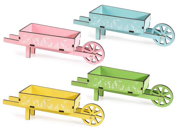 Decorative wheelbarrow in colored wood with flower decoratio