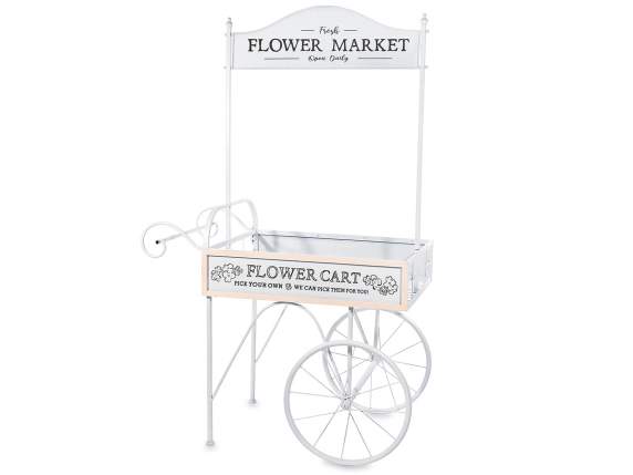 White metal display cart decorated with sign
