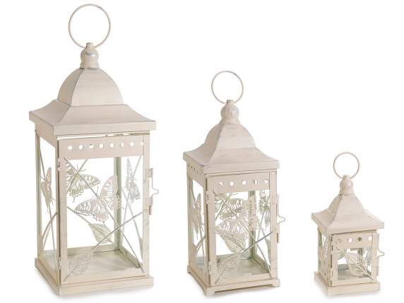 Set of 3 metal lanterns with butterfly and leaf decorations