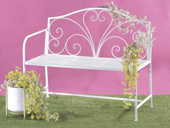 Bench in antique white metal with decorated backrest