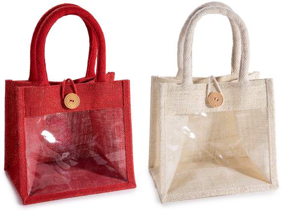 Jute bag with gold lurex, window, handles and button