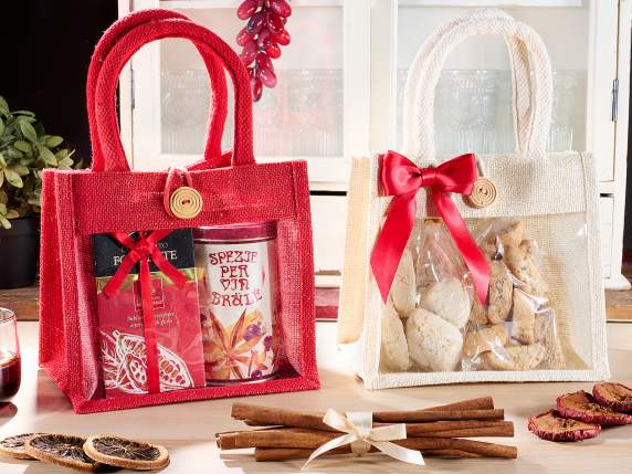 Jute bag with gold lurex, window, handles and button