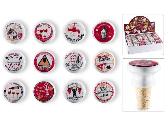 Cork and ceramic stopper with wine decorations