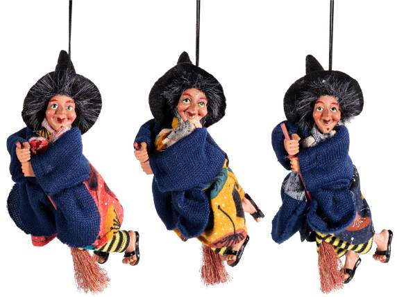 Befana Witch in cloth and resin on a broom to hang