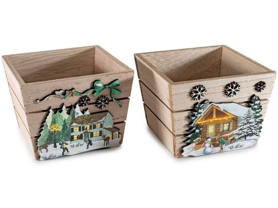Wooden box with embossed decorations and winter print