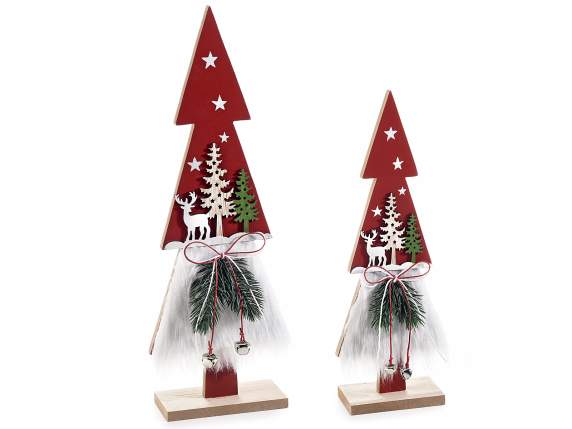 Set of 2 Christmas trees in wood and faux fur with bells