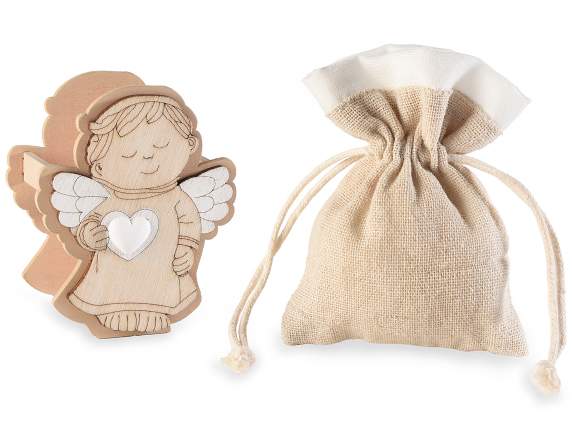 Wooden angel with plaster heart and jute bag with tie