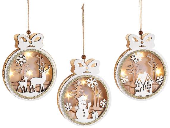 Wooden ball with Christmas theme and LED lights to hang