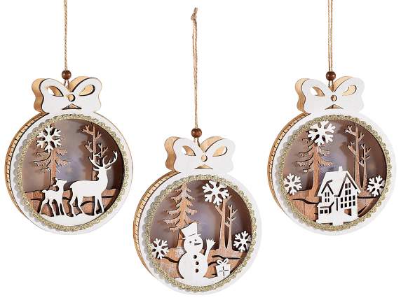 Wooden ball with Christmas theme and LED lights to hang