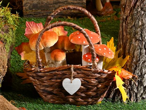 Wooden basket with handles, hanging heart and checked fabric