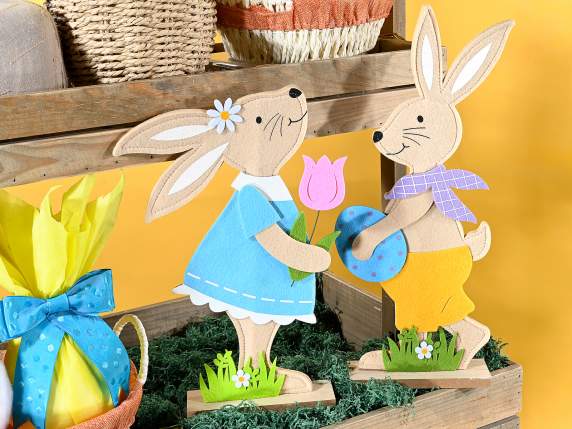Wooden bunnies and colored cloth to place on a table