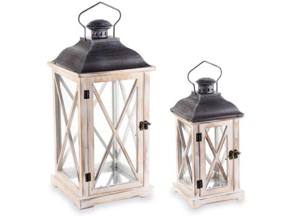 Set of 2 light wooden lanterns with metal roof