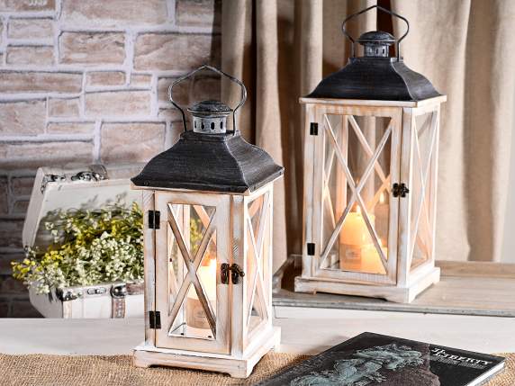 Set of 2 light wooden lanterns with metal roof