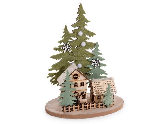 Wood and cloth landscape with houses, trees and LED lights