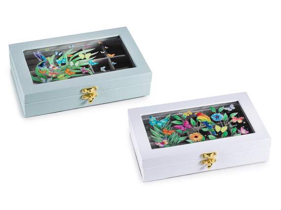 Lined wooden jewelry box with window and hook closure