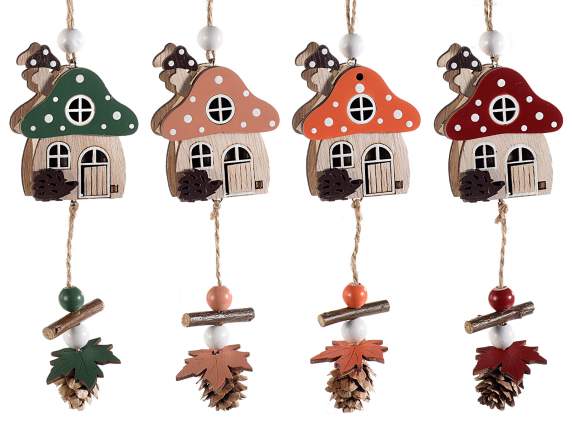Wooden mushroom house with pendant and pine cone to hang