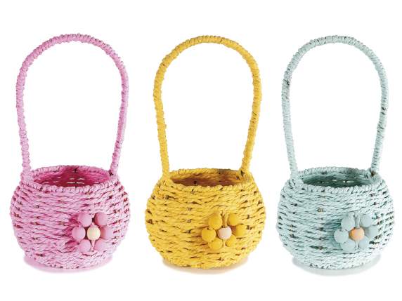 Basket with woven paper handle and wooden flower