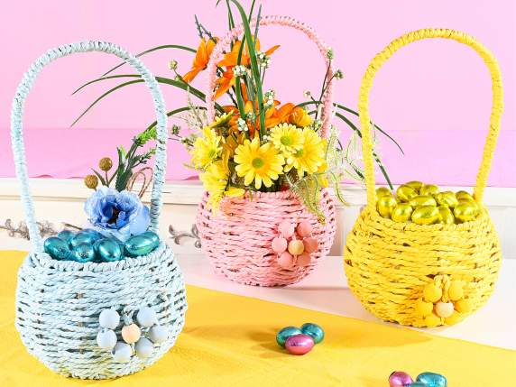 Basket with woven paper handle and wooden flower