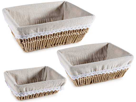 Set of 3 woven paper baskets with fabric lining