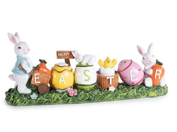 Happy Easter colored resin writing with eggs and bunnies