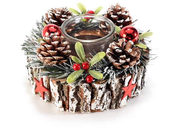 Glass and wood candle holder centerpiece berries and pine
