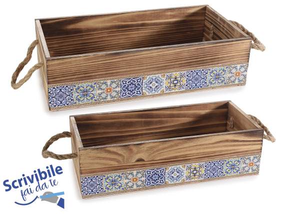 Set 2 wooden boxes with rope handles majolica decorations