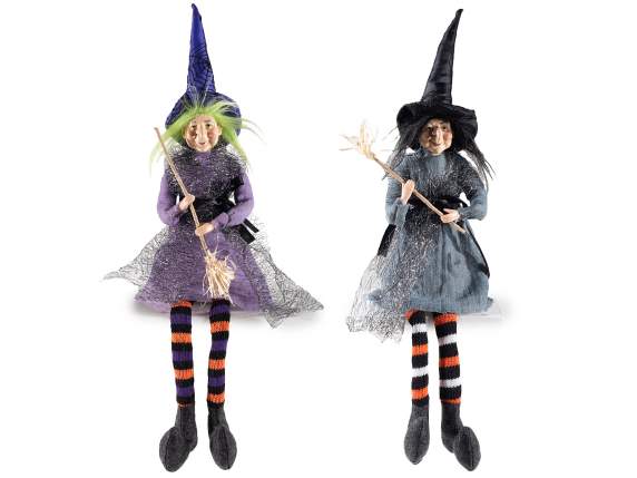 Befana Witch long legs in cloth with hat and broom