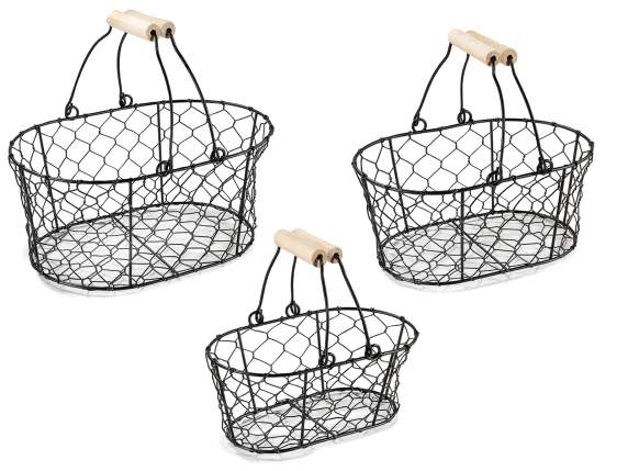 Set of 3 oval metal baskets with double wooden handles