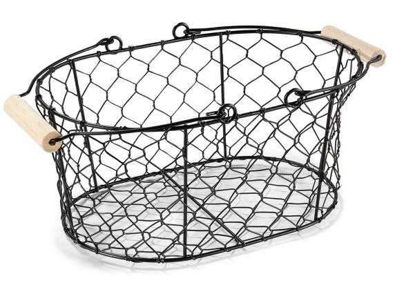Set of 3 oval metal baskets with double wooden handles