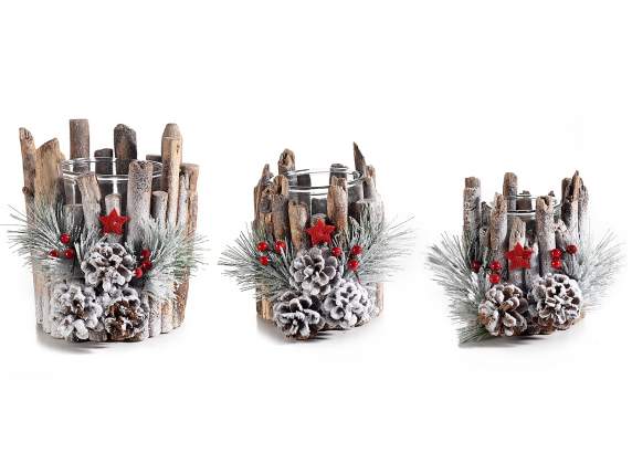 Set of 3 wooden centerpieces, glass candle holders, pine