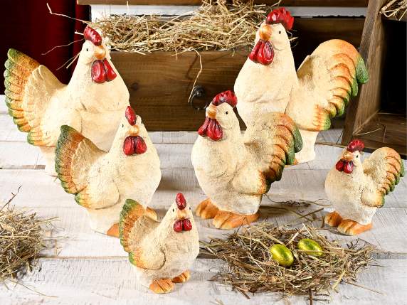 Set of 3 coloured ceramic hens to stand