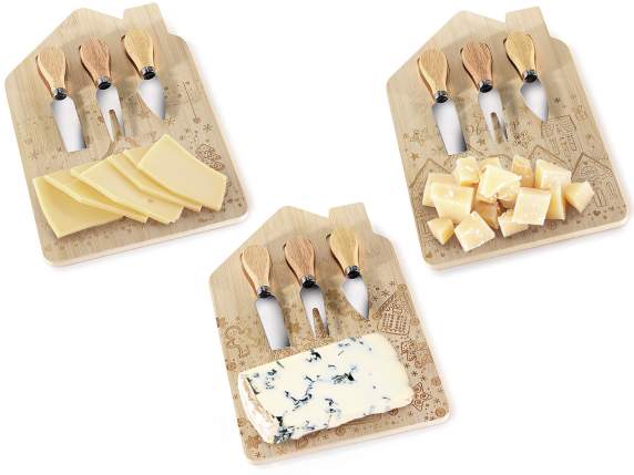 Cheese set with decorated wooden cutting board and 3 knives