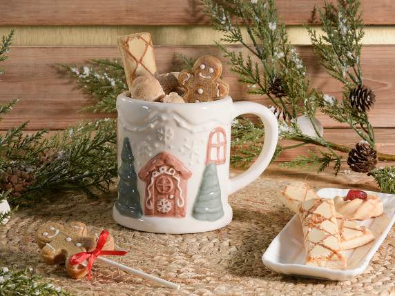 Glossy colored ceramic mug 450 ml with embossed decorations