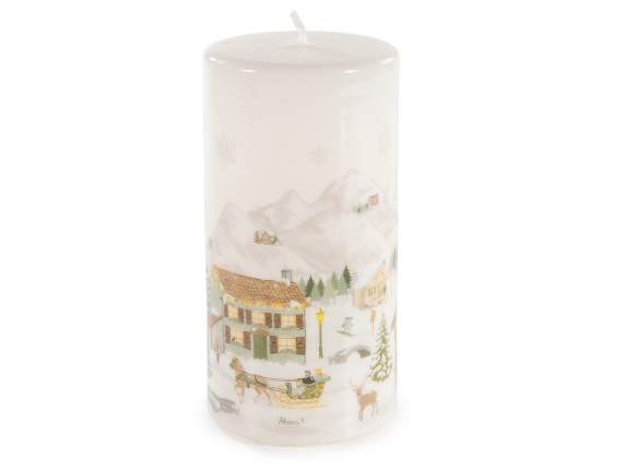 Glossy finish candle with Christmas village decoration