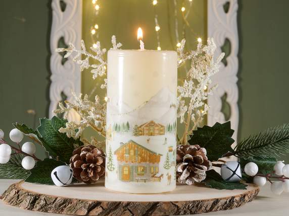 Glossy finish candle with Christmas village decoration