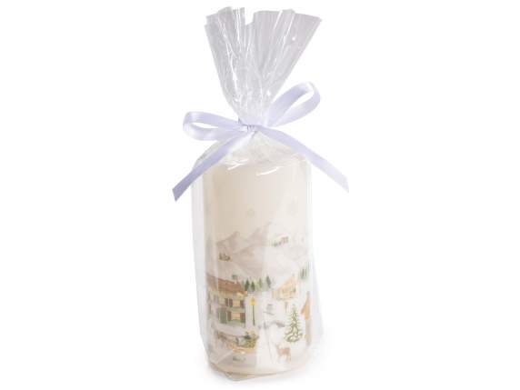 Glossy finish candle with Christmas village decoration