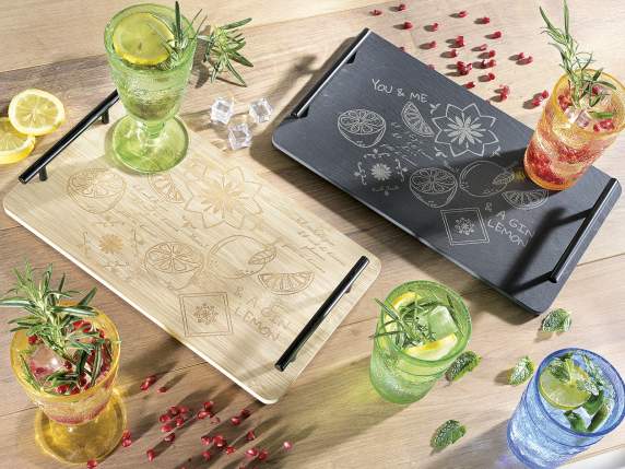 Cutting board food tray bamboo and slate, metal handles