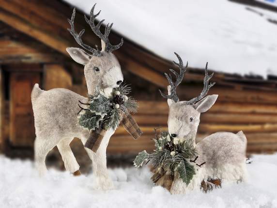 Set of 2 reindeer cubs in fiber and cloth with bow