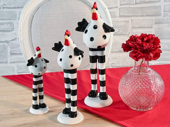 Set of 3 shiny ceramic chickens with stripes and polka dots