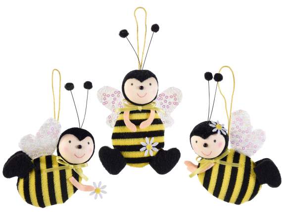 Cloth bee with daisy and sequin wings to hang