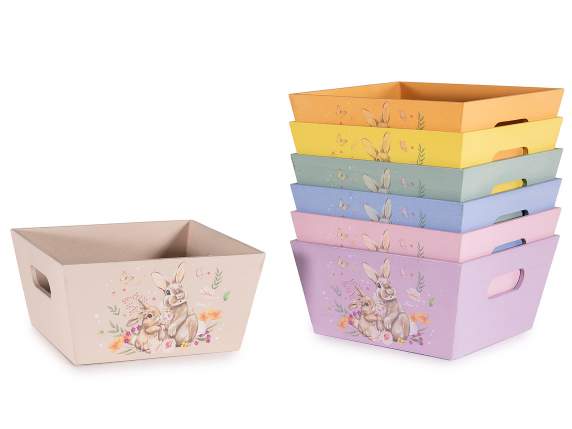 Wooden basket - box with bunny print and handles