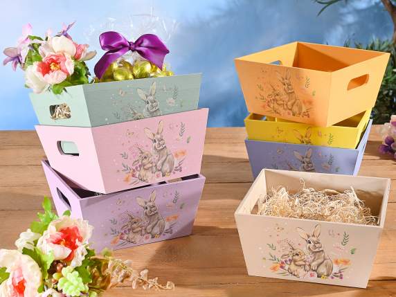 Wooden basket - box with bunny print and handles