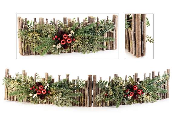 Decorative fence with balls pine cones berries gold glitter