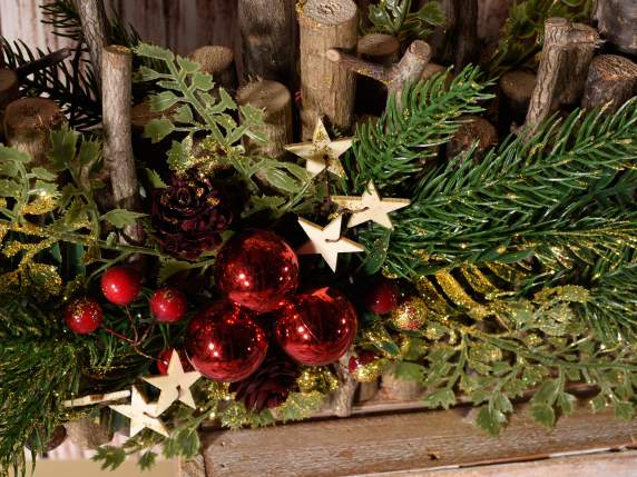 Decorative fence with balls pine cones berries gold glitter