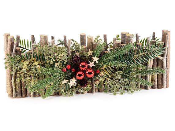 Decorative fence with balls pine cones berries gold glitter