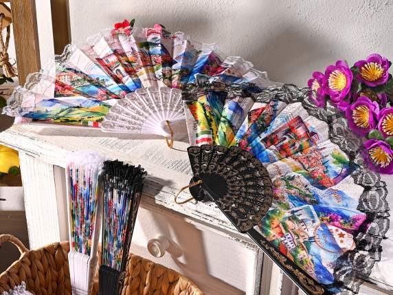 Plastic and fabric fan with landscape print