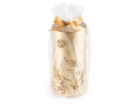 Medium golden candle with embossed Christmas landscape