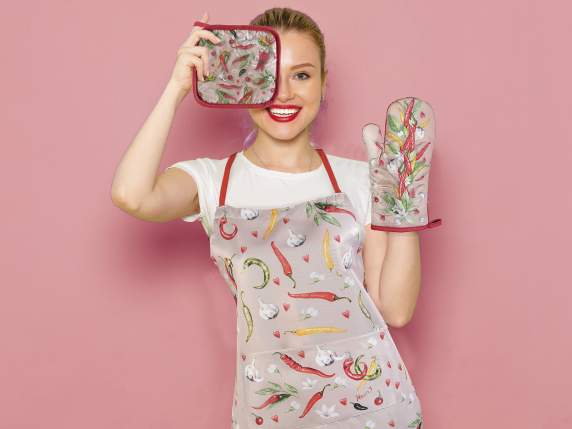 Chili pepper decorated fabric kitchen apron with pocket